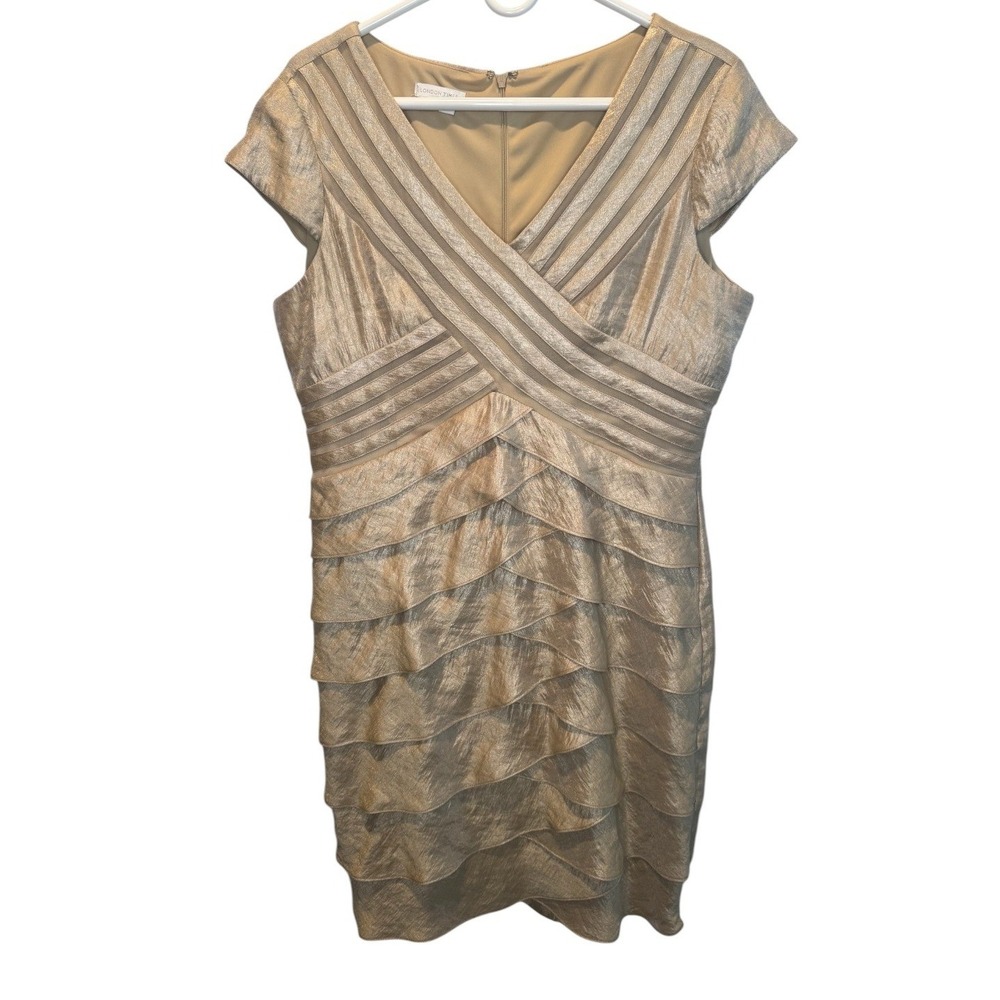 London Times Womens Champagne Gold Sheath Dress Tiered Ruffle 16 Mother of Bride